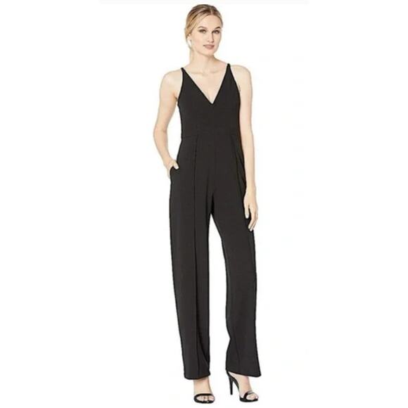 Donna Morgan Double V Neck Sleeveless Jumpsuit Womens 6 Black Crepe Pockets - Picture 1 of 11